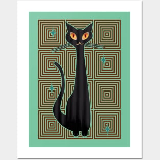 Op-Art Hip Cat Mid Century Anime (red background) Posters and Art